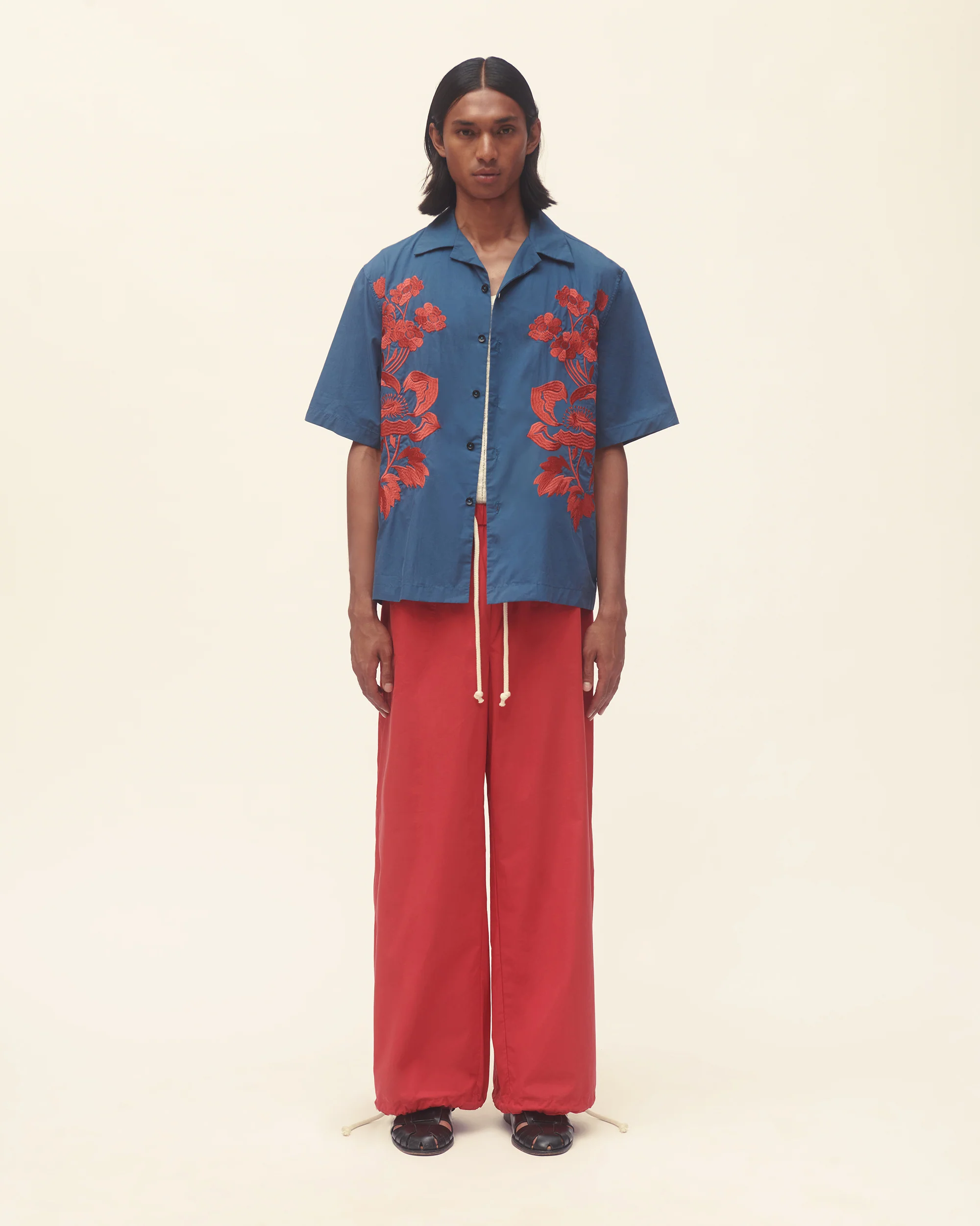 Embroidered Peonies Bowling Shirt Blue