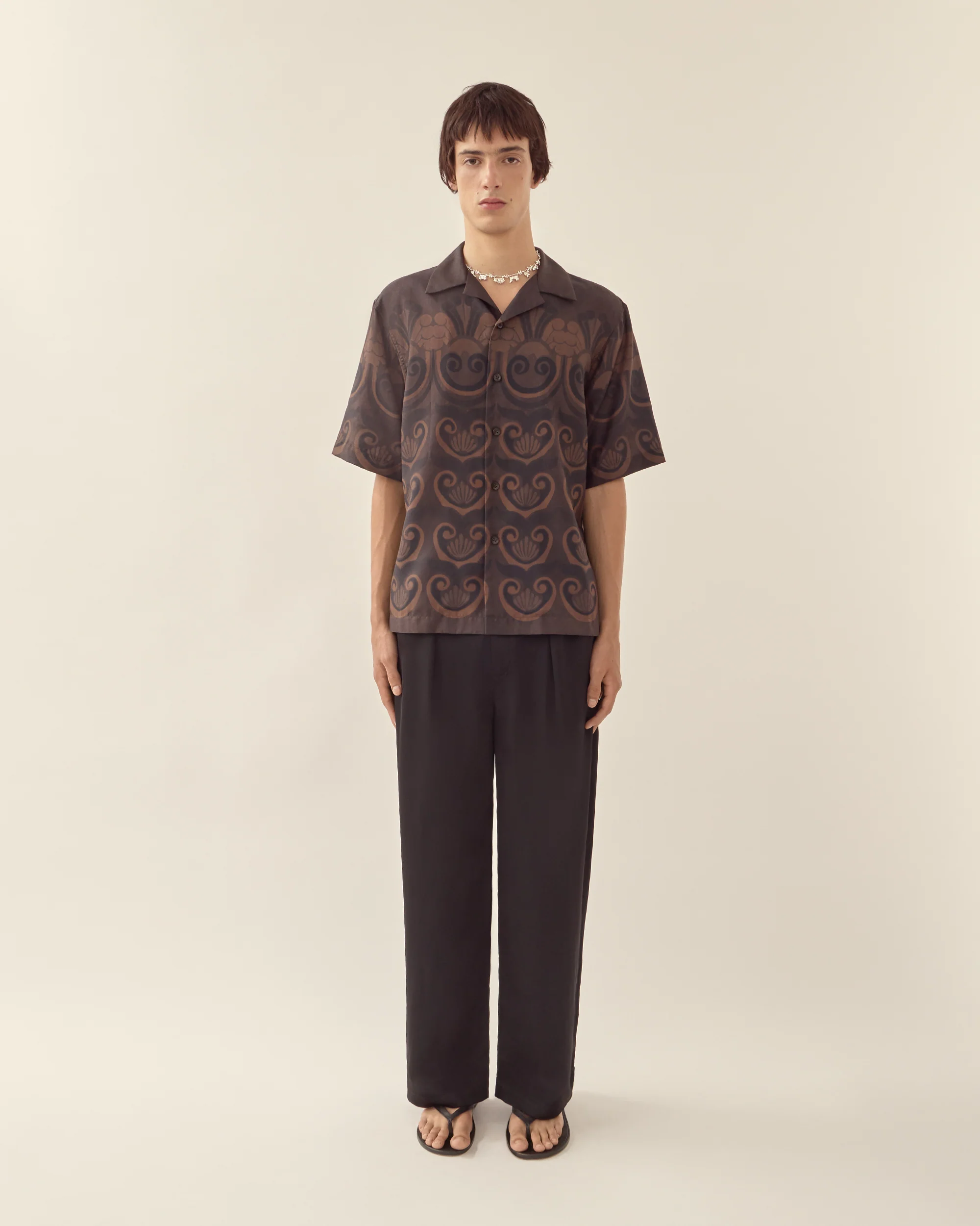Painted Shell Silk Camp Collar Shirt Chocolate