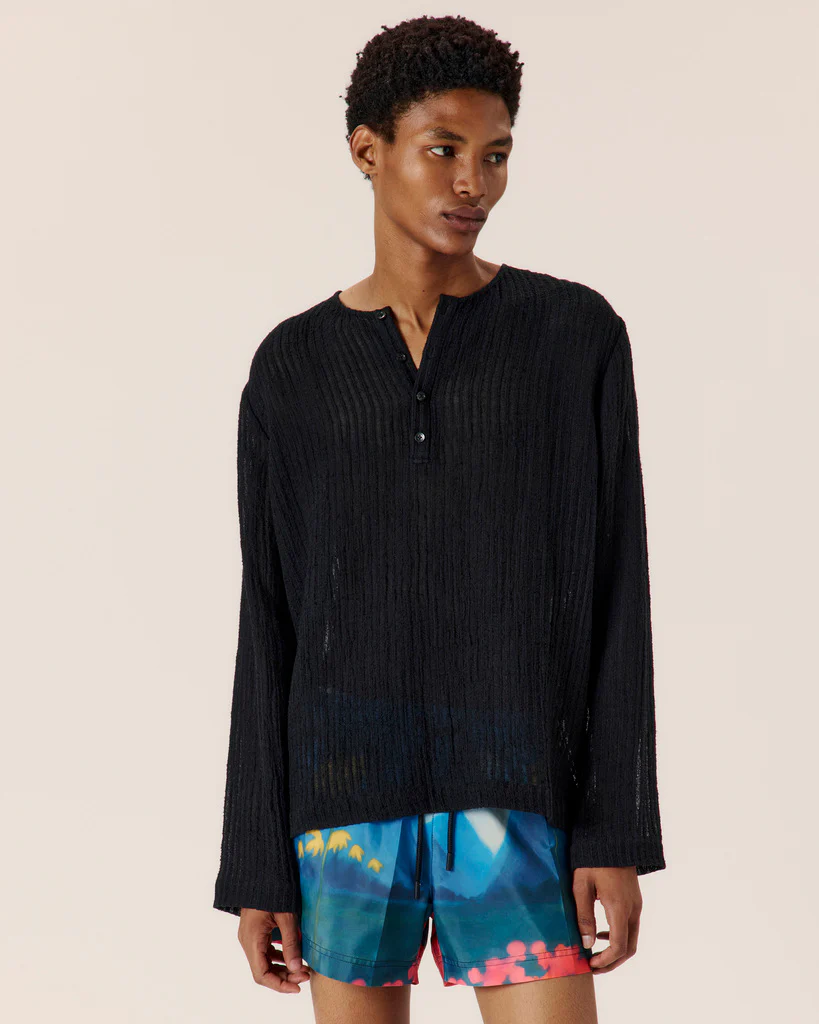 Sheer Stripe Linen Woven Henley - Image 3