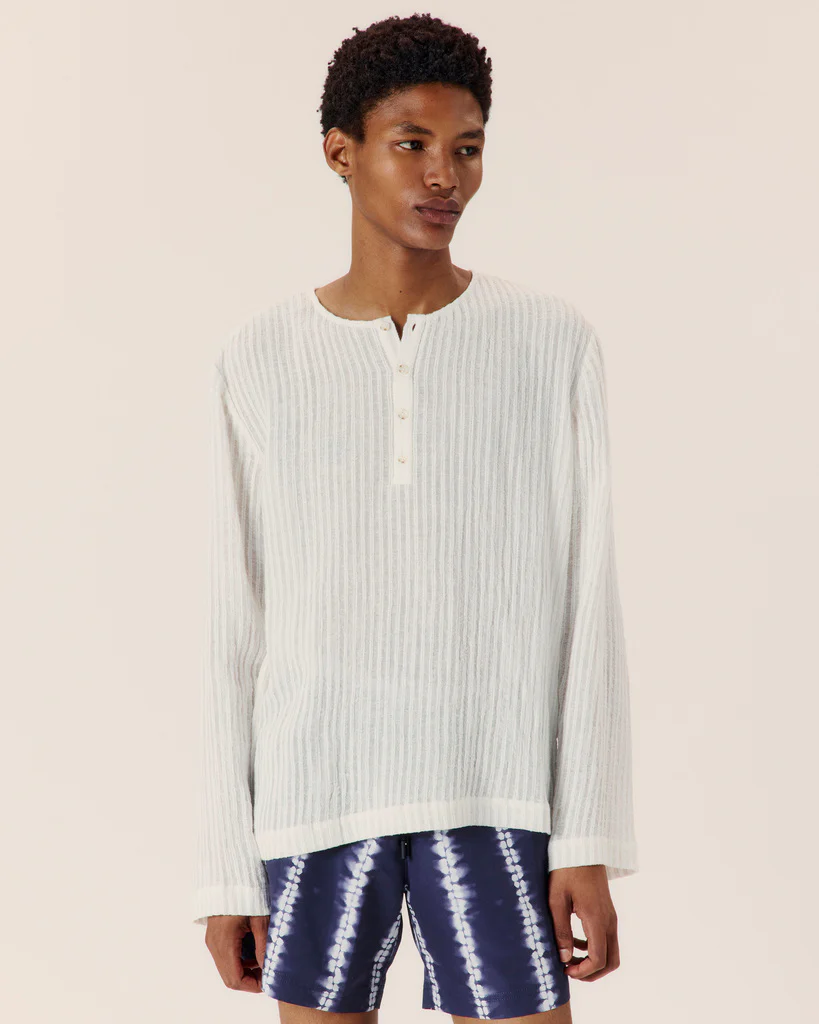 Sheer Stripe Linen Woven Henley - Image 3