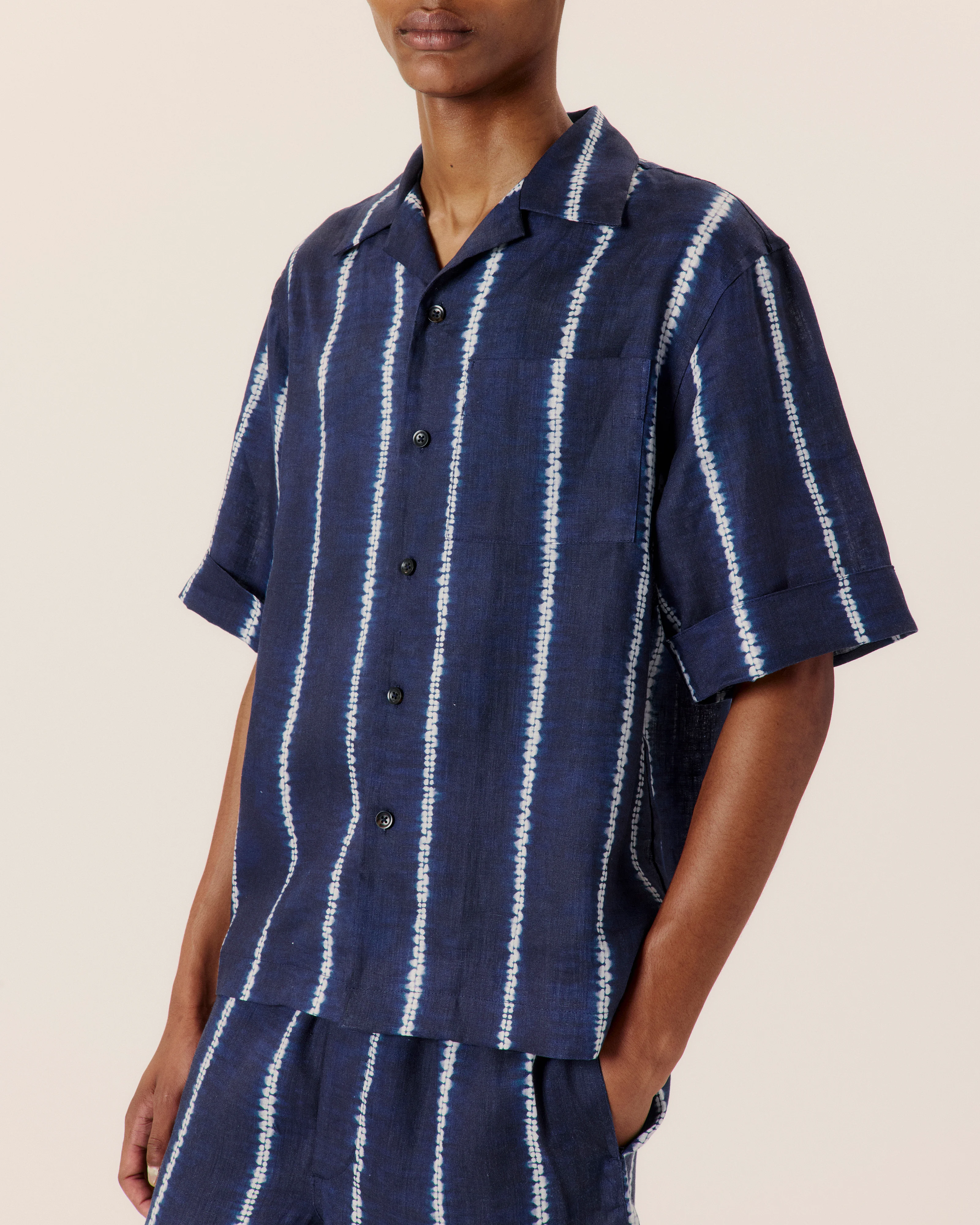 Shibori Stripe Cuffed Camp Collar Shirt Navy - Image 4